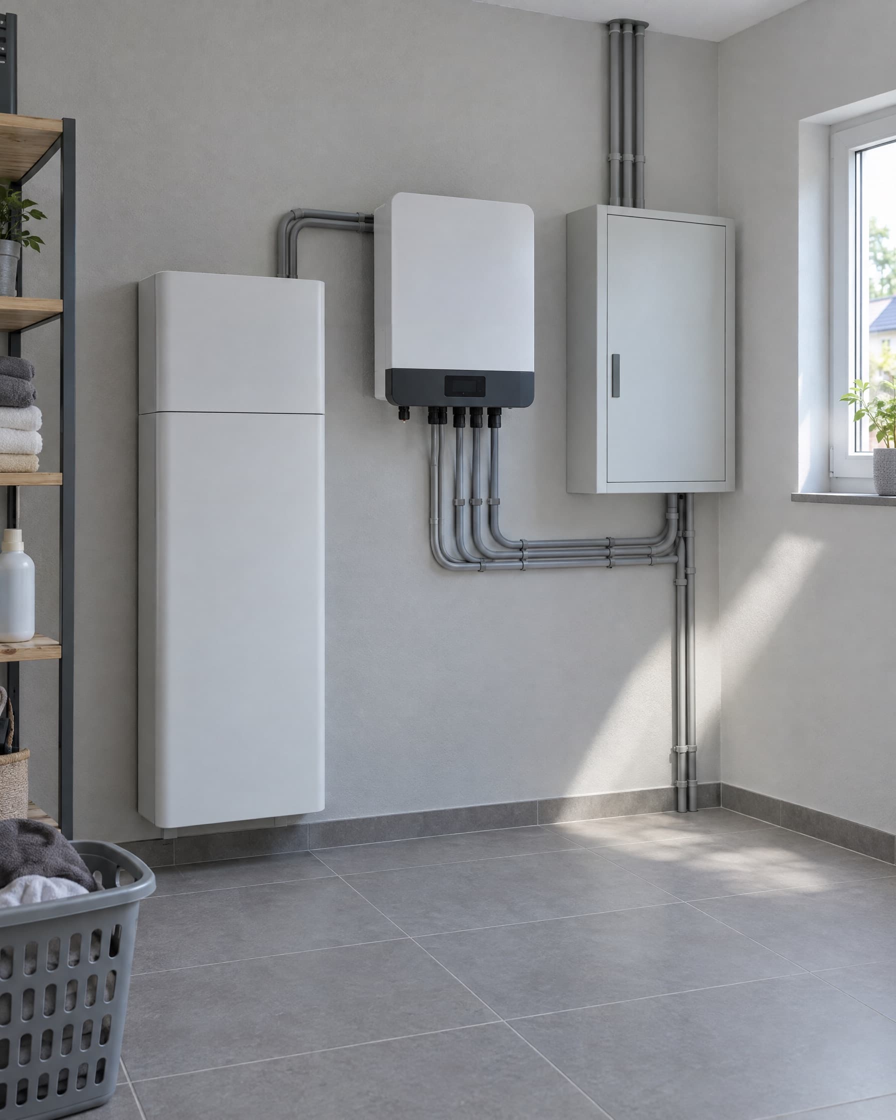 Weißer Batteriespeicher und Wechselrichter im Hauswirtschaftsraum