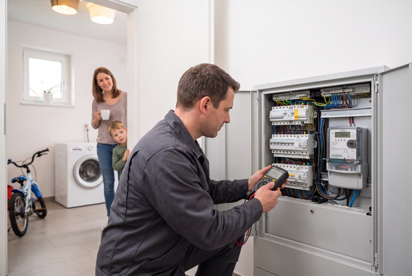 Elektriker prüft den neuen Zähler im Zählerschrank, die Familie schaut zu