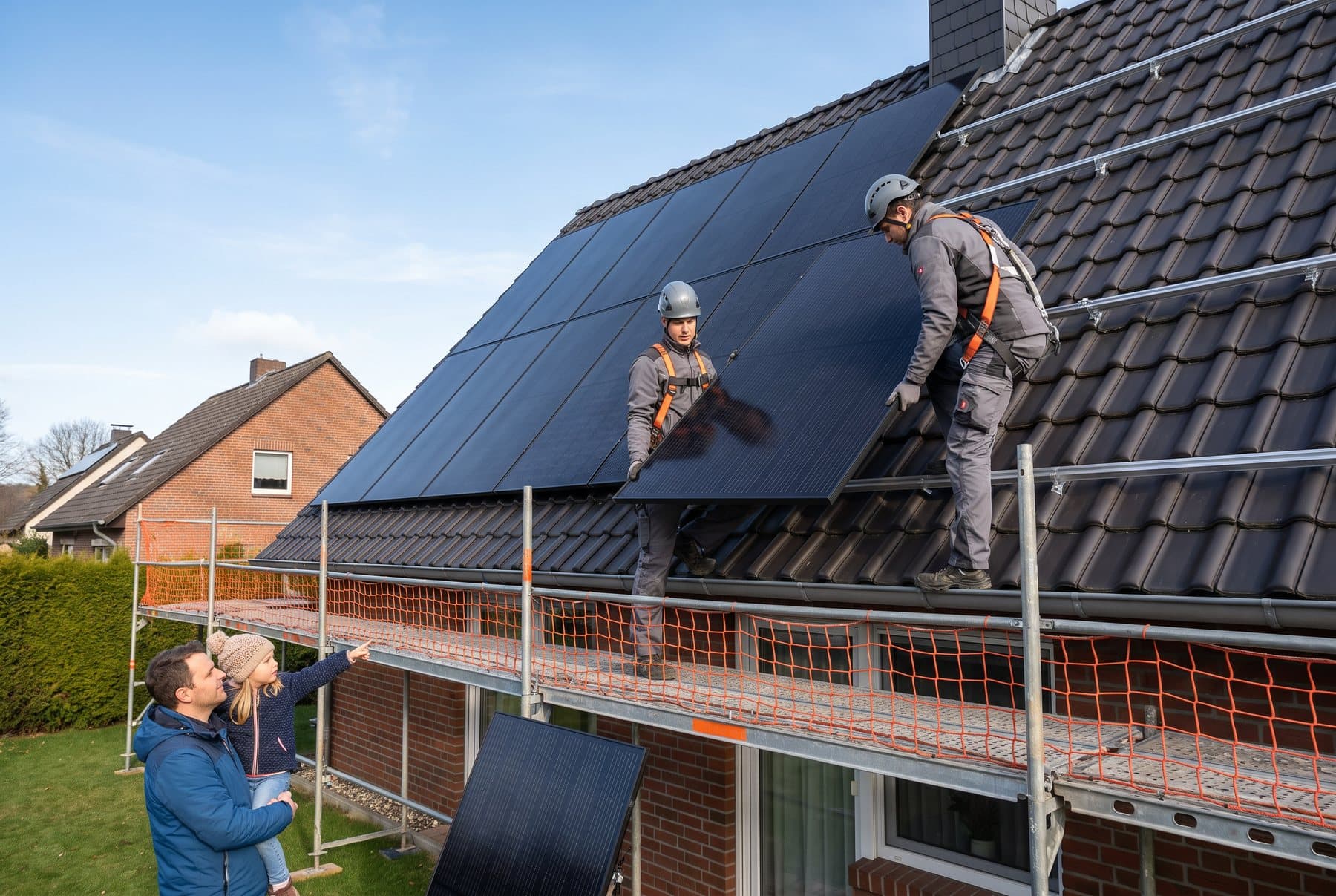 Zwei Monteure setzen ein schwarzes Solarmodul auf das Ziegeldach, Vater und Tochter schauen aus dem Garten zu